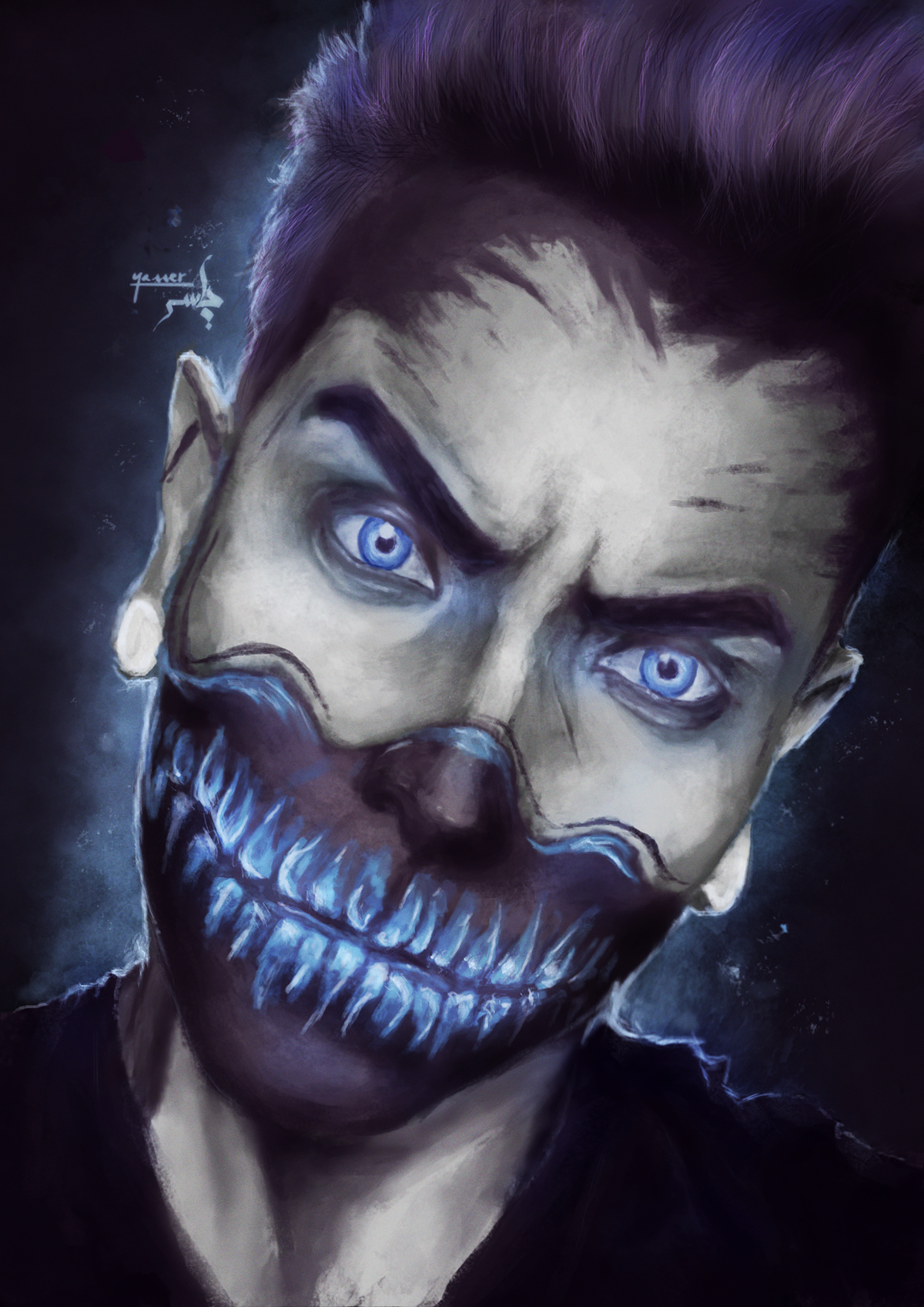art portrait zombie evil light digital neon blue purple paint