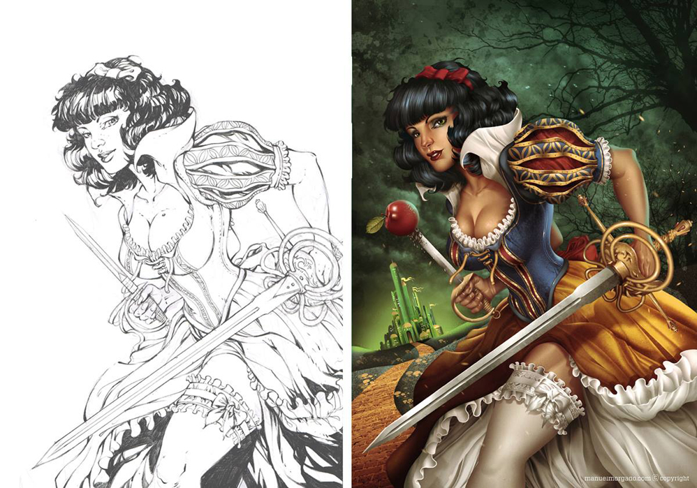 linework snow white Space  fighters Sword battle sexy girl warriors bow STEAMPUNK making of