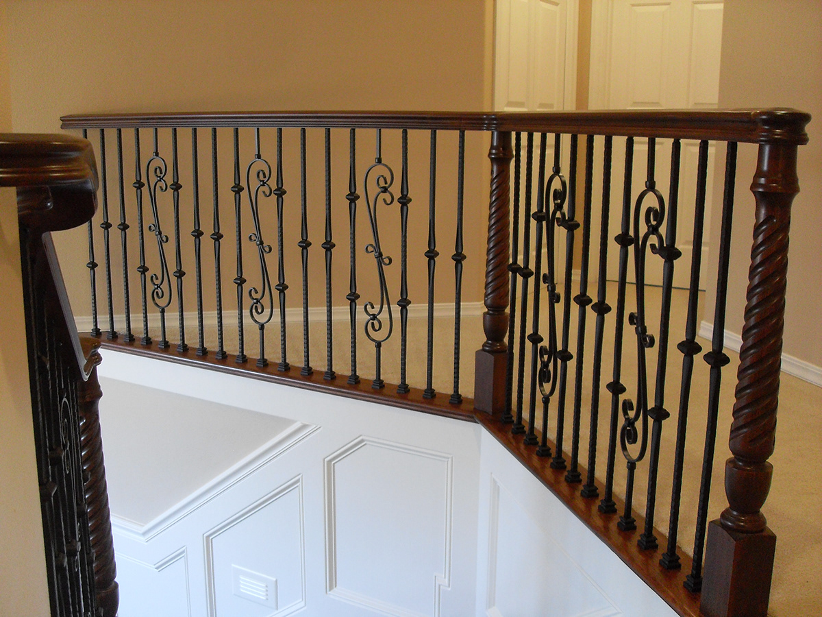 Handrail  railing stairs Staircase wrought iron treads Hickory hand scraped steps Balusters woodworking newel post railing