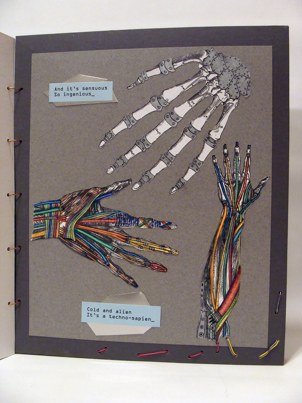 mixed media handmade book design anatomy transhumanist metal