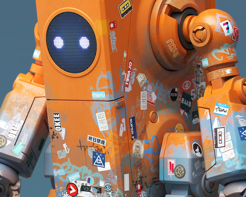 orange Podolski robot Art Toy detail stickers graffiti by malcolm tween