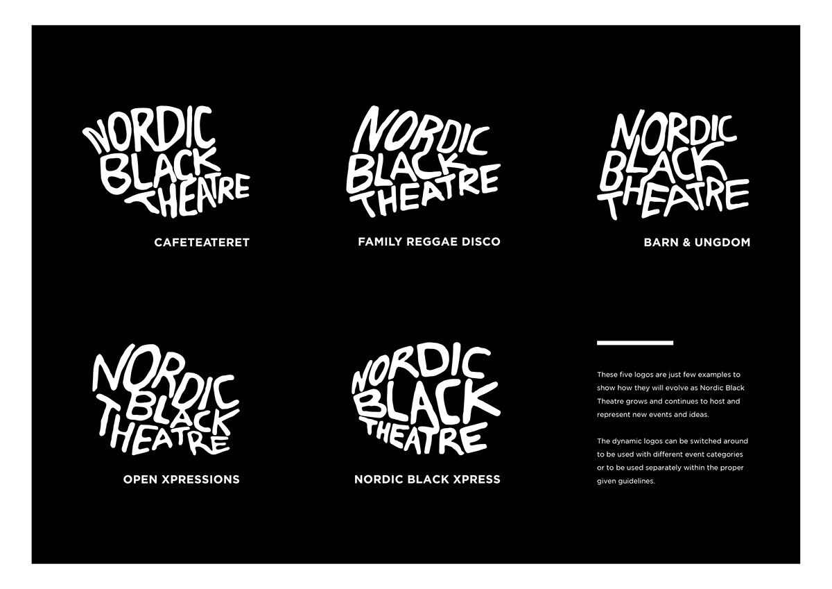 nordic black theatre Rebrand brand identity organic westerdals student Client business card flyer Program menu tag wayfinding manual