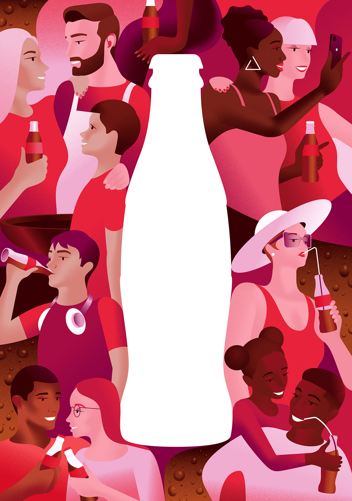 A beautifully crafted illustration of people, reveals a bottle silhouette.