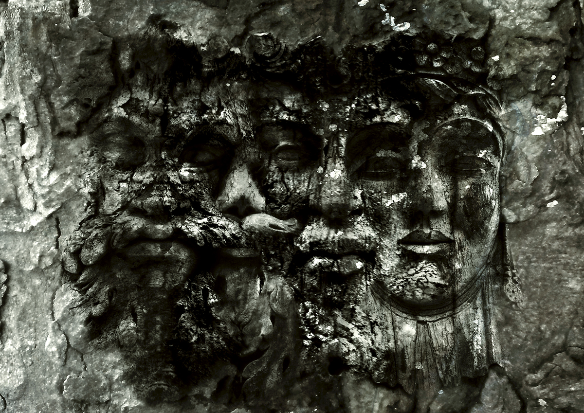 faces wood carvings photomanipulation spirituality surreal