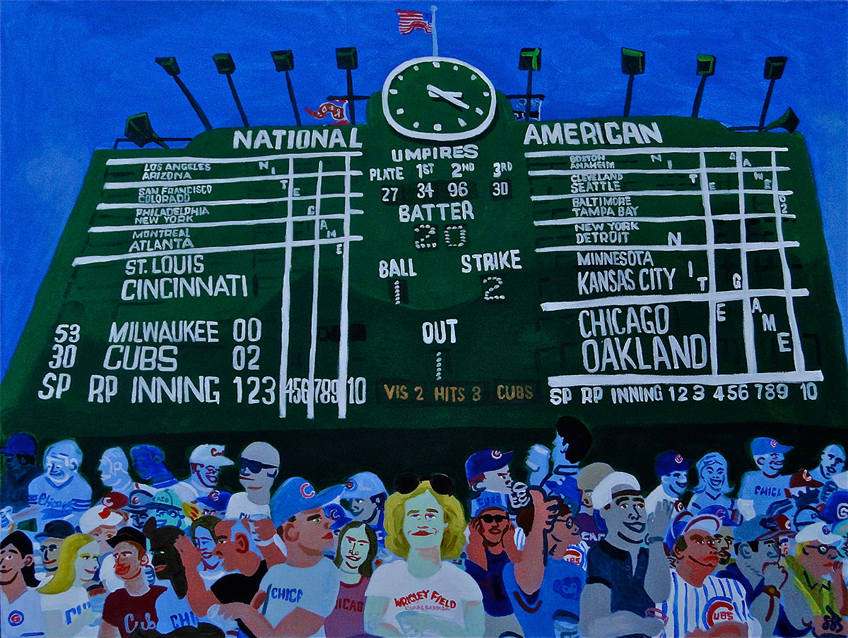 baseball Wrigley field scoreboard chicago sports green clock flags crowd Outfield summer cubs fans spectators afternoon