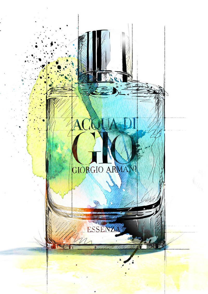 Fragrance bottle perfume watercolor photoshop wacom ink digital fineliner pencil canel lagerfeld Bulgari VERSACE watercolour