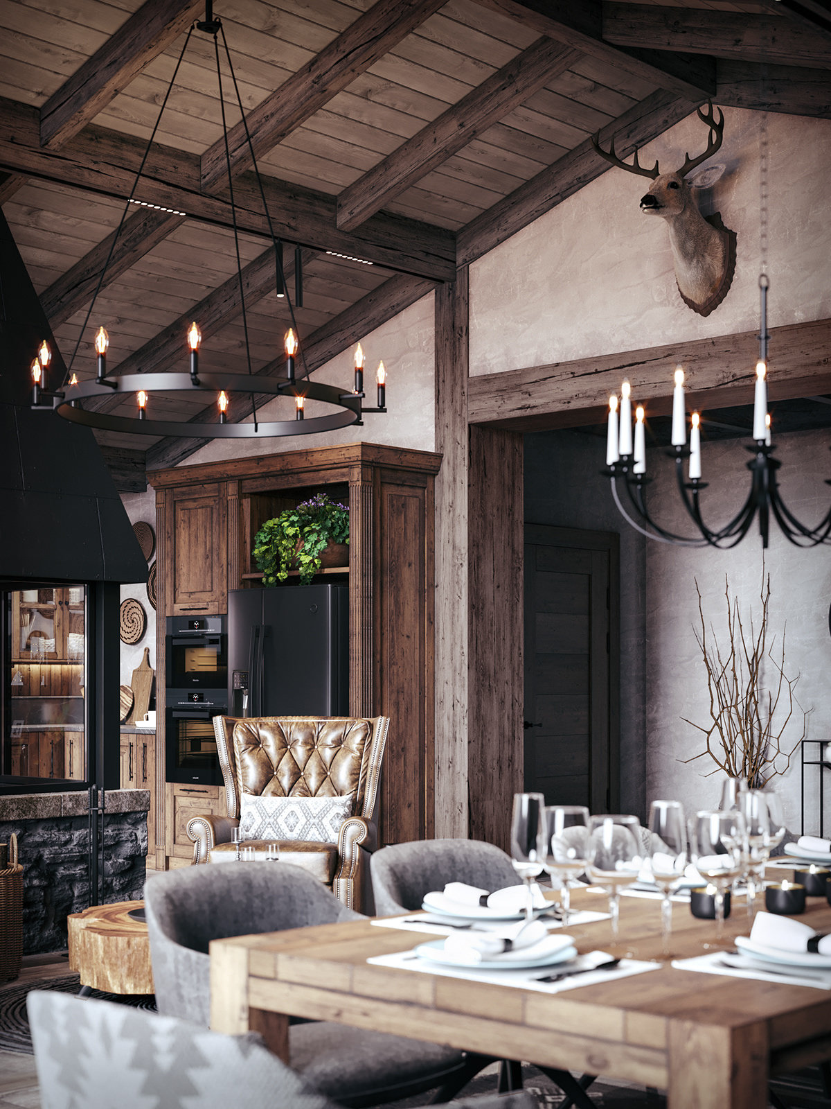 3D Visualization chalet dining room fireplace homedesign interior design  kiev kitchen rustic Switzerland