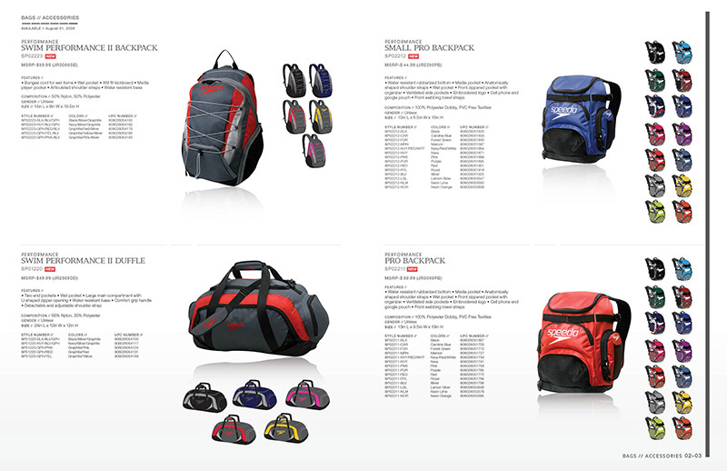 Speedo catalog accessories sports swim Layout Consumer Products Backpacks headwear print
