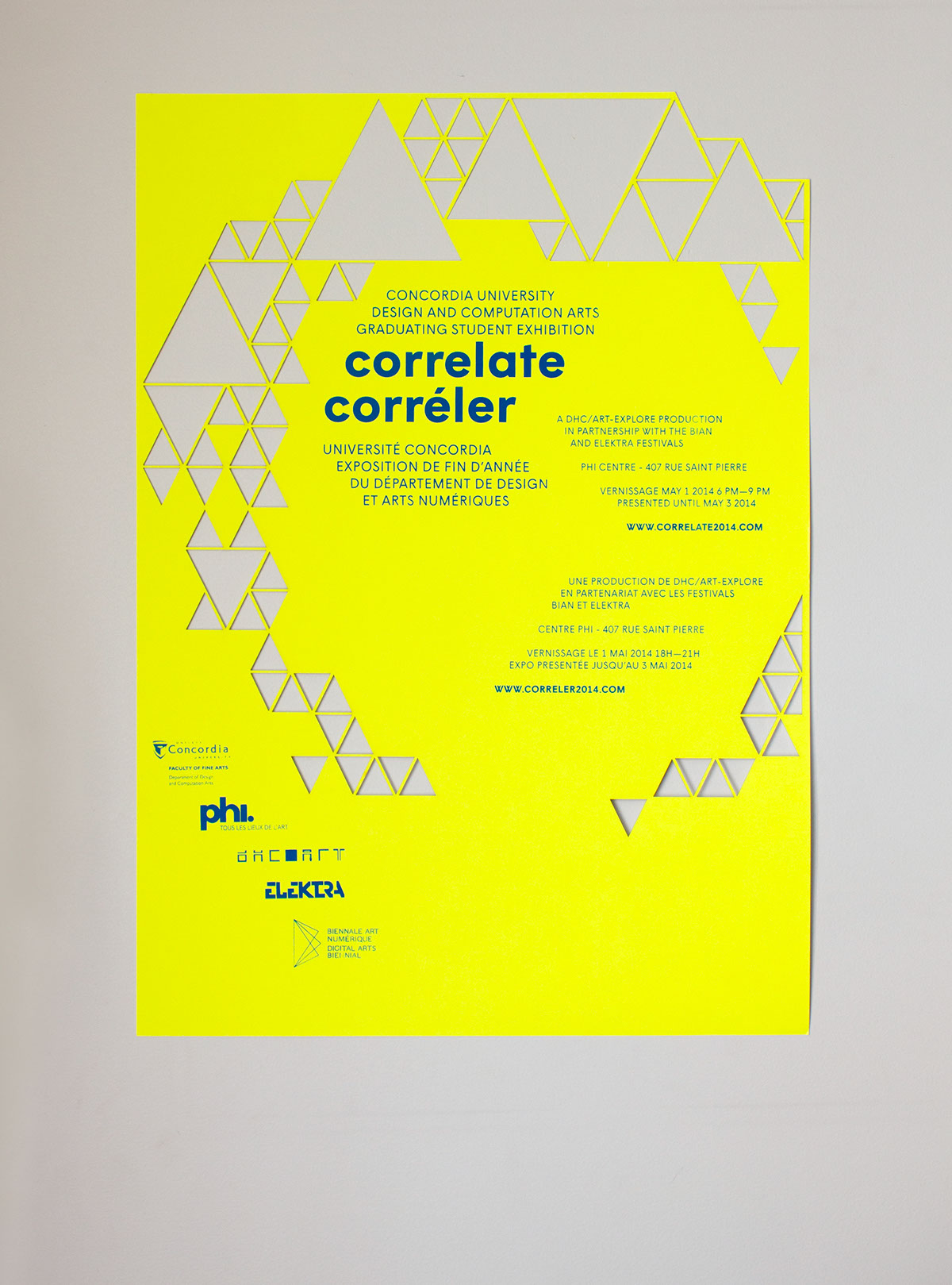 correlate Correler Concordia University year-end exhibition exhibition catalogue logo Tote Bag invite grid Dye cut neon Student work poster affiche wigrum