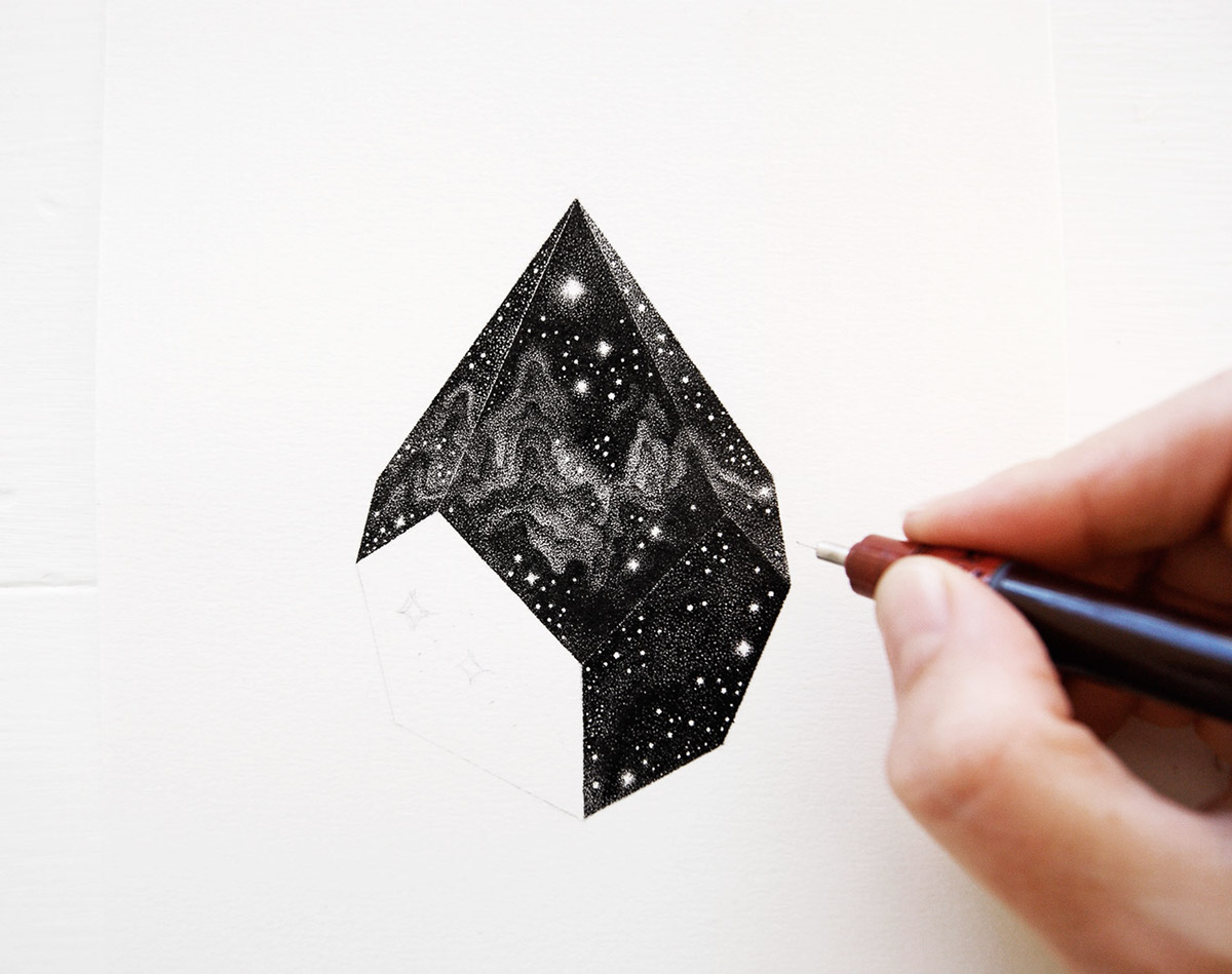 Pointillism ink drawing ink Art dots dot work crystal galaxy stars black and white ILLUSTRATION 