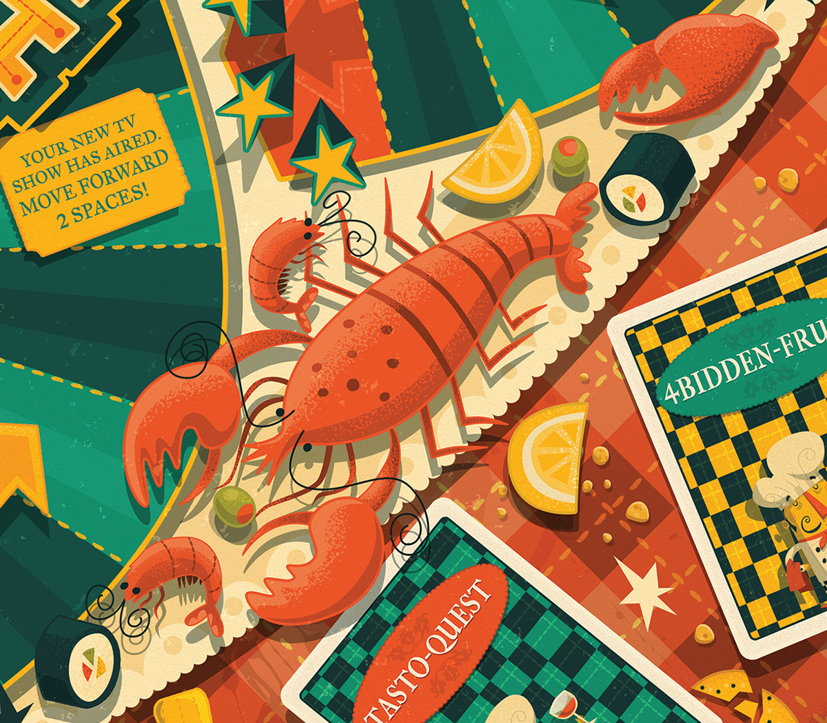 board game game Food  logo box characters graphics design chef mushroom shrimp prawn sea food illustratorsireland