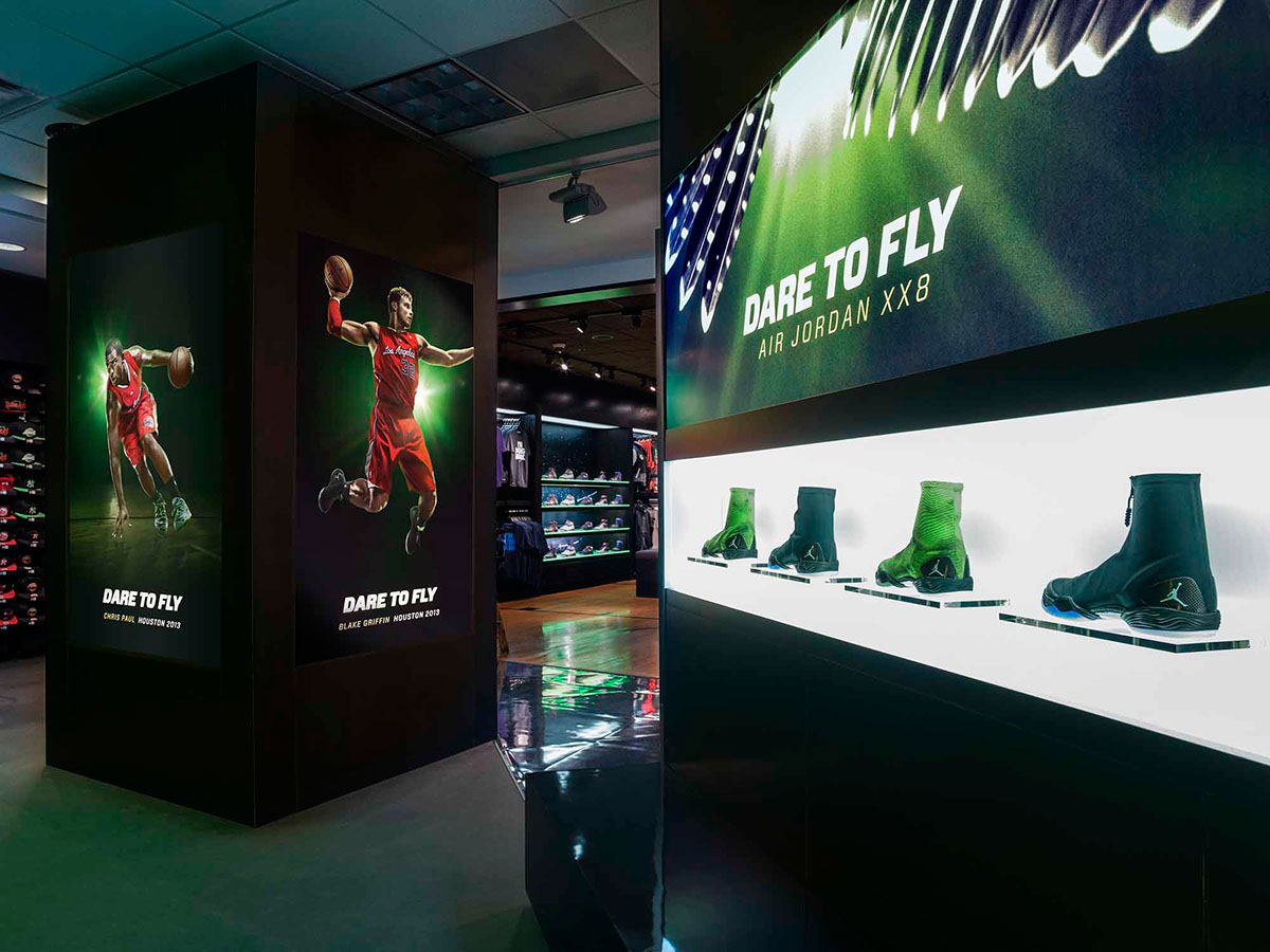 sport shoes lighting RETIALS DISPLAY Nike jordan Special events New Launch LED screen glossy black night vision black light Event Design shop in shop