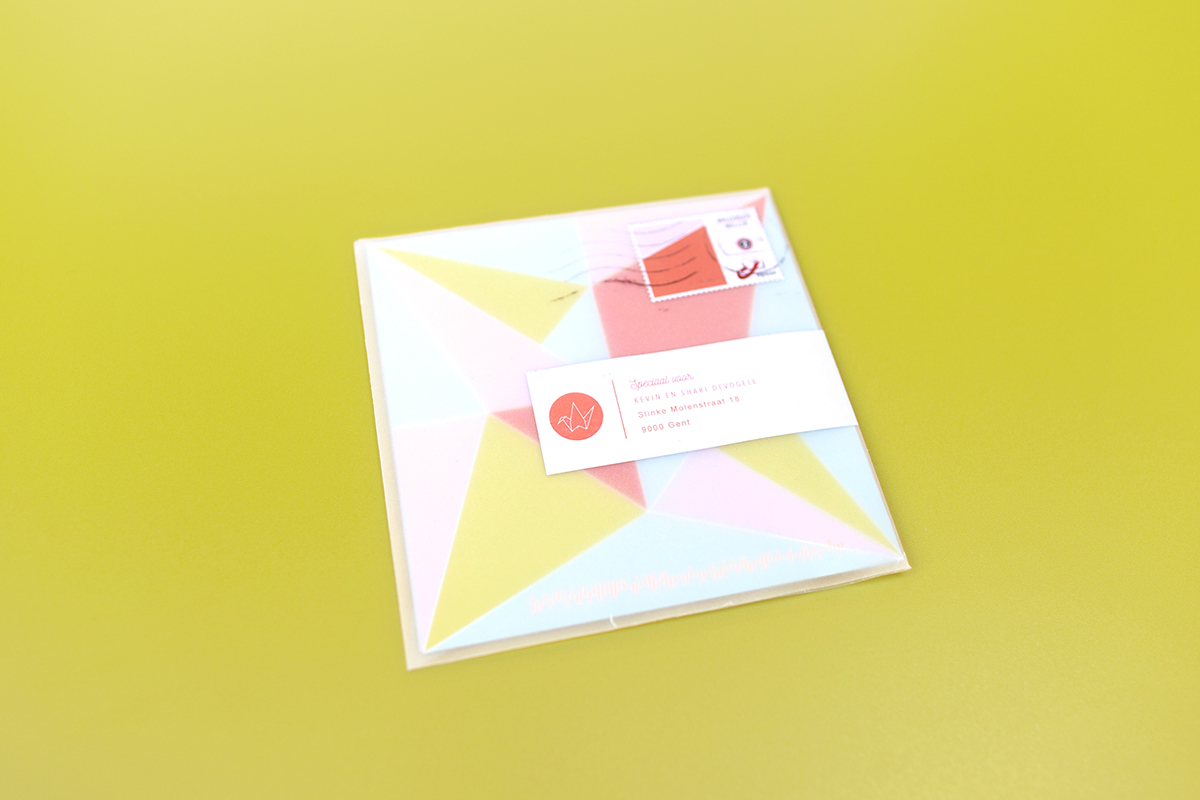 birth announcement custom design origami  crane bird Colourful  birth card square card paper love geometry colour patches