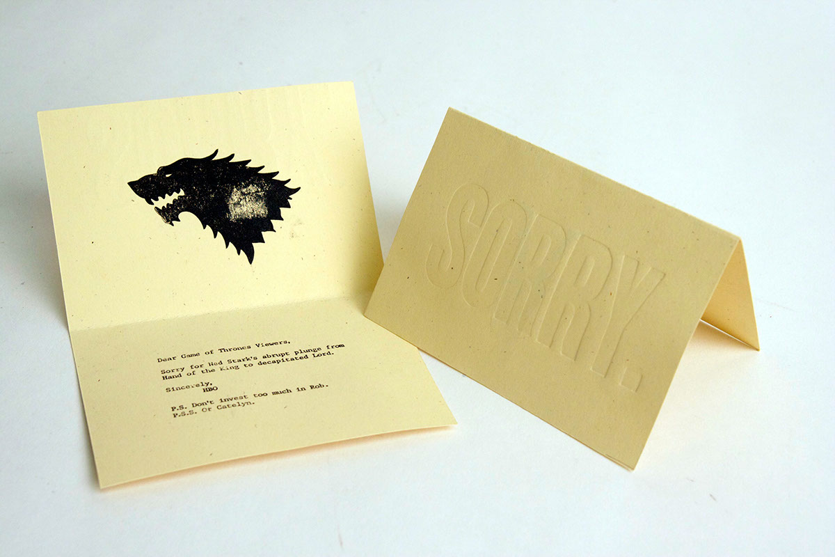 Sorry Cards Boardwalk Empire Game of Thrones got boardwalk Stark starks dire wolf winter is coming cards letterpress printmaking Nucky Tompson