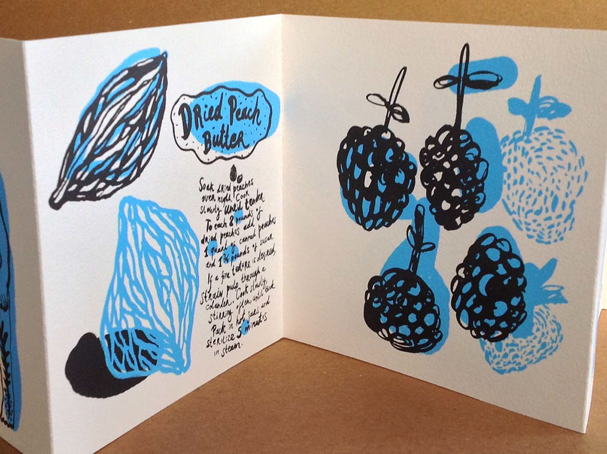 books printmaking silkscreen recipes drawings editorial HAND LETTERING fruits berries trees Jellies cooking line drawing blue