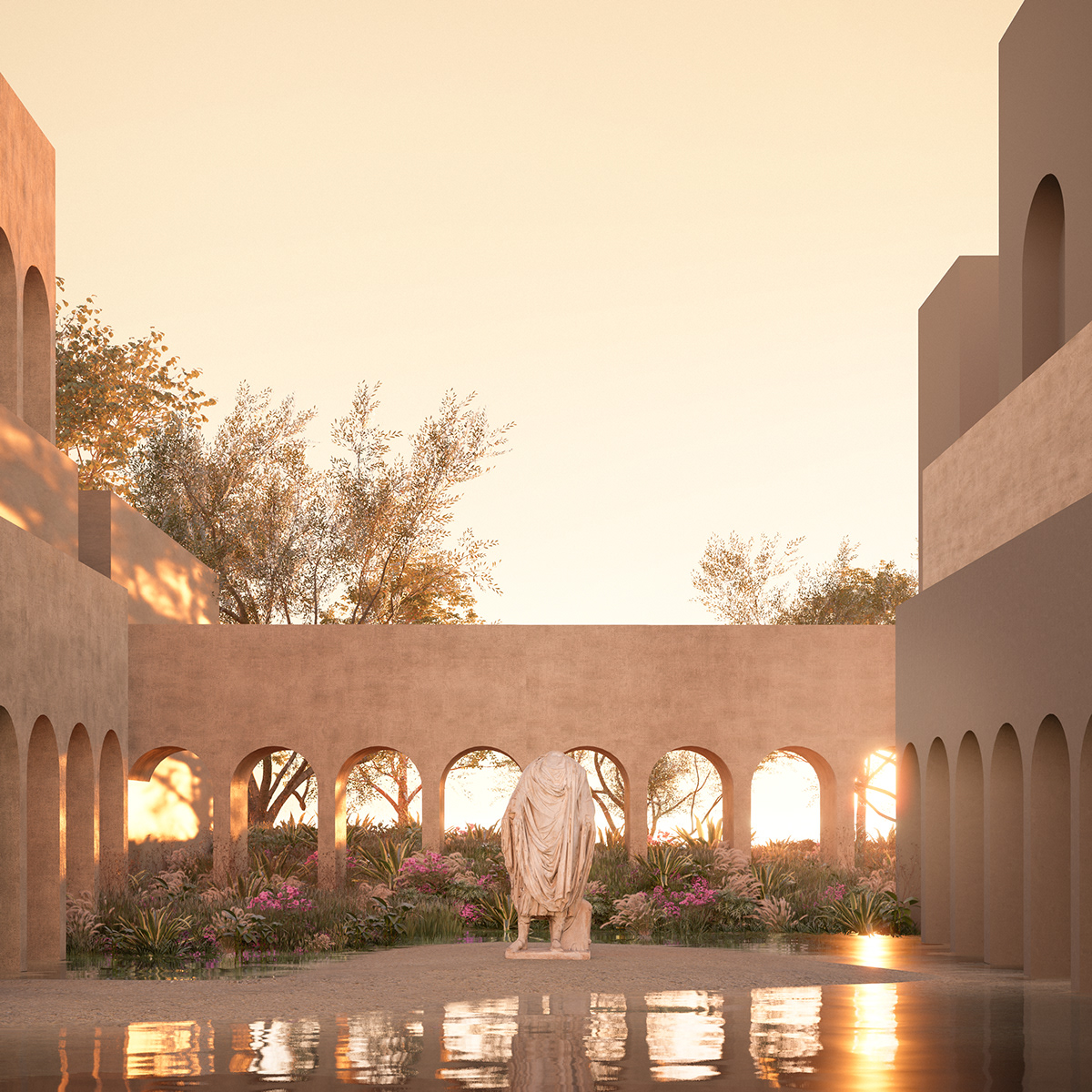 3D archviz CGI exterior Landscape Nature Render statue sunset visualization