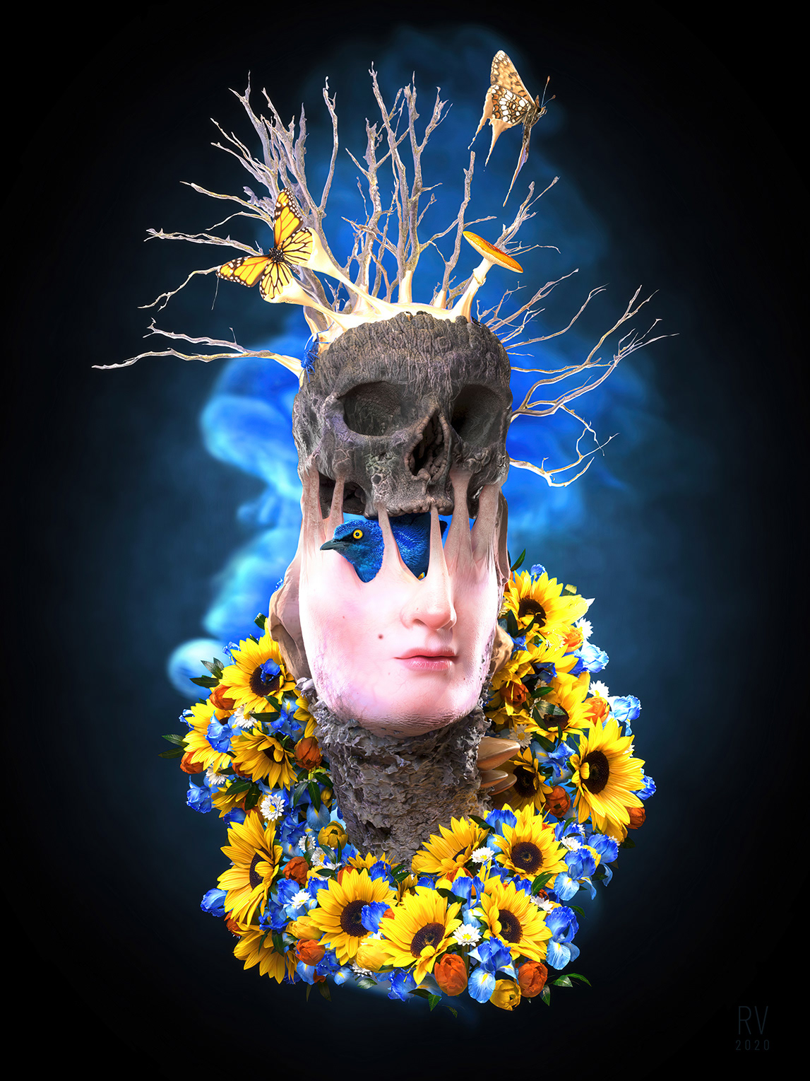 blue bird charles bukowski Digital Art  Klimt skull skullpture
