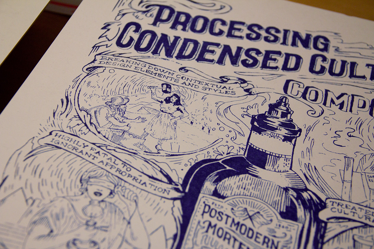 silkscreen print printmaking blue monotone hand drawn sketches type Treatment vintage inspired medicine flyer advertisement