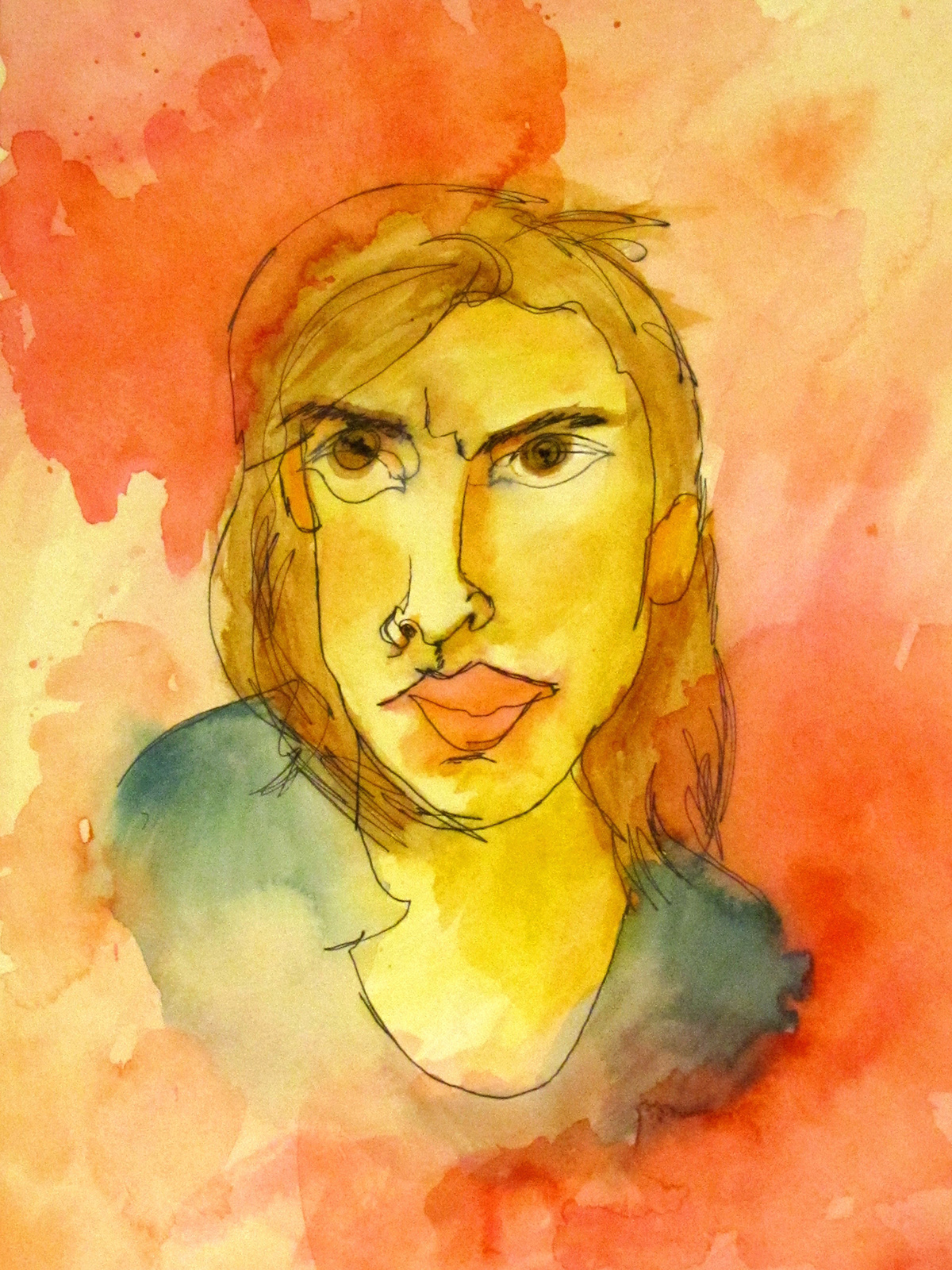 watercolor ink self portrait exploration Blind Contour