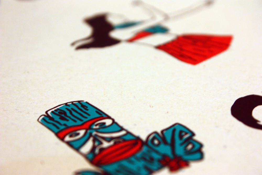 HAWAII poster party silkscreen screen screen printing red cyan brown skirt Totem Surf Board palm roof