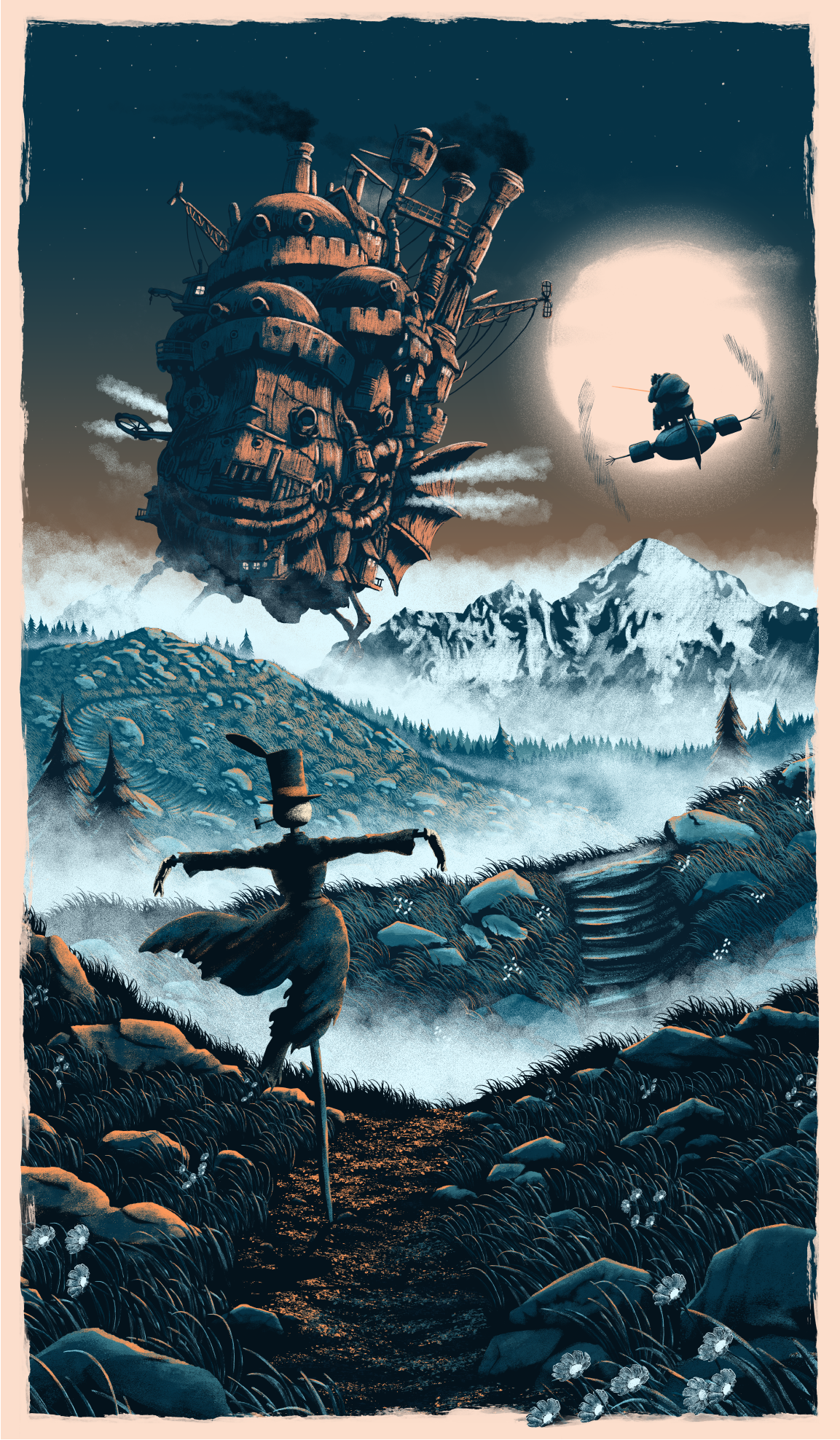 Bottle neck gallery poster ILLUSTRATION  howl's moving castle Studio Ghibli movie poster prints Landscape mountains fantasy