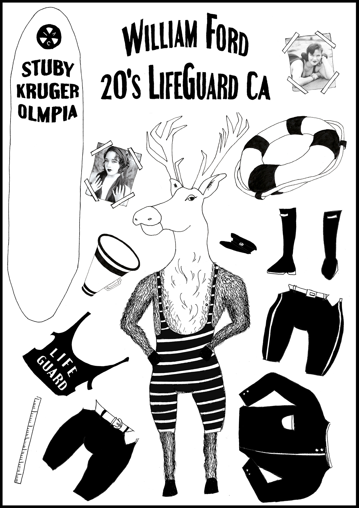 20's Reindeer lifeguard paper doll composition