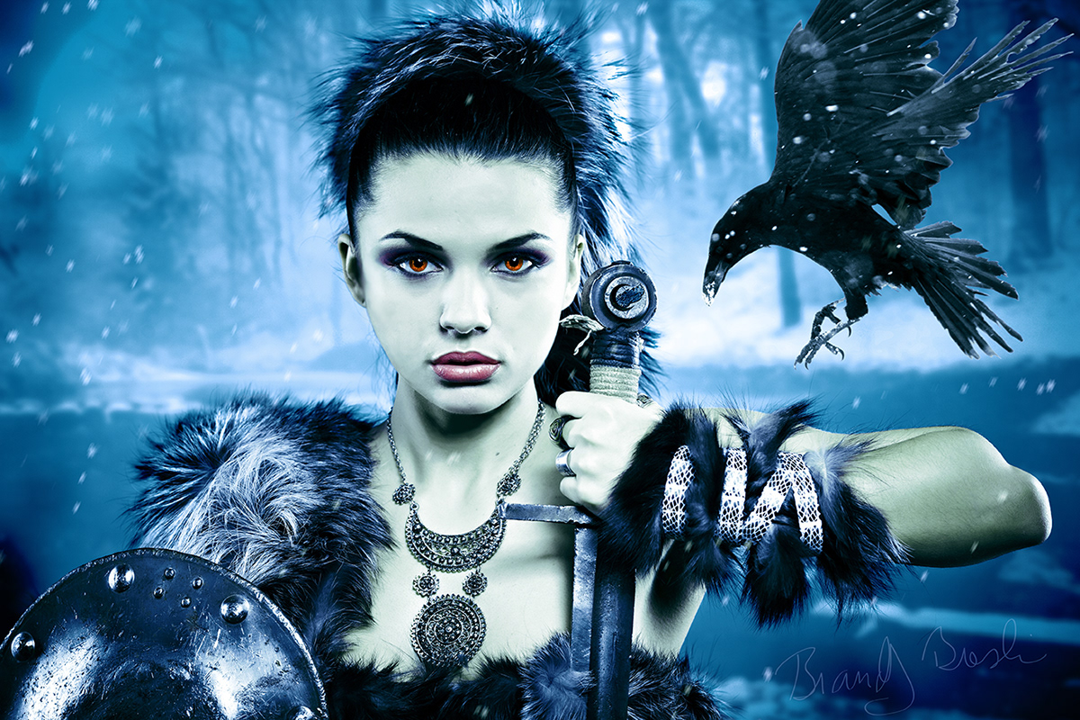 fantasy warrior raven Woman Warrior photomanipulation compositing Raven Moon Creative snow medieval strong Sword Beautiful winter