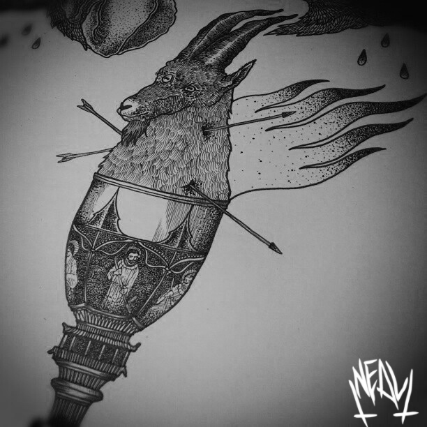  Illustration  drawing dots  lines  cock  raven  chalice  graal  goat   flames  arrow  neal