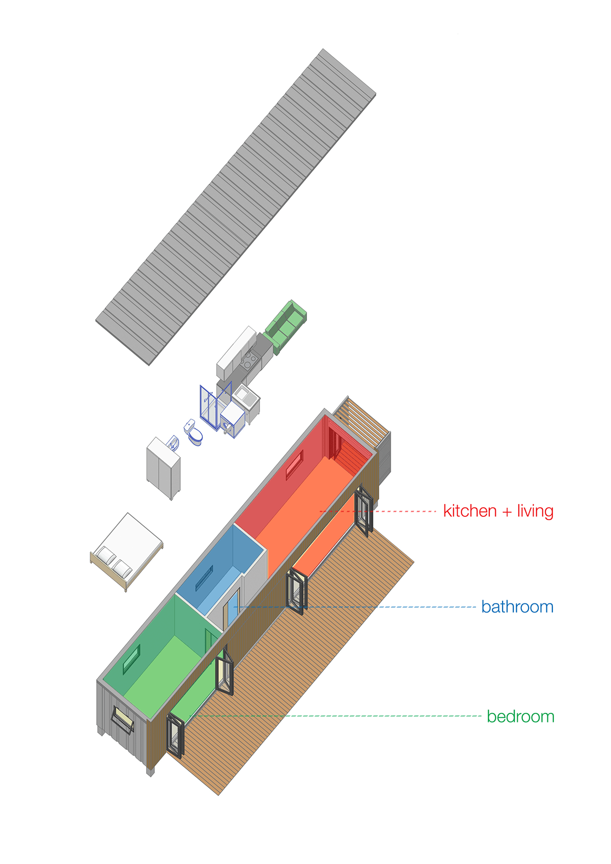 Axonometric illustration of container home assembly