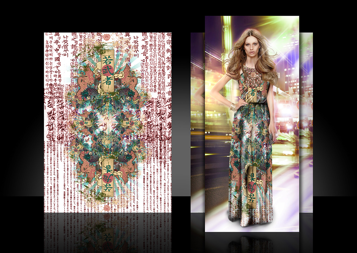 prints allover catwalk runway dresses fashion illustration
