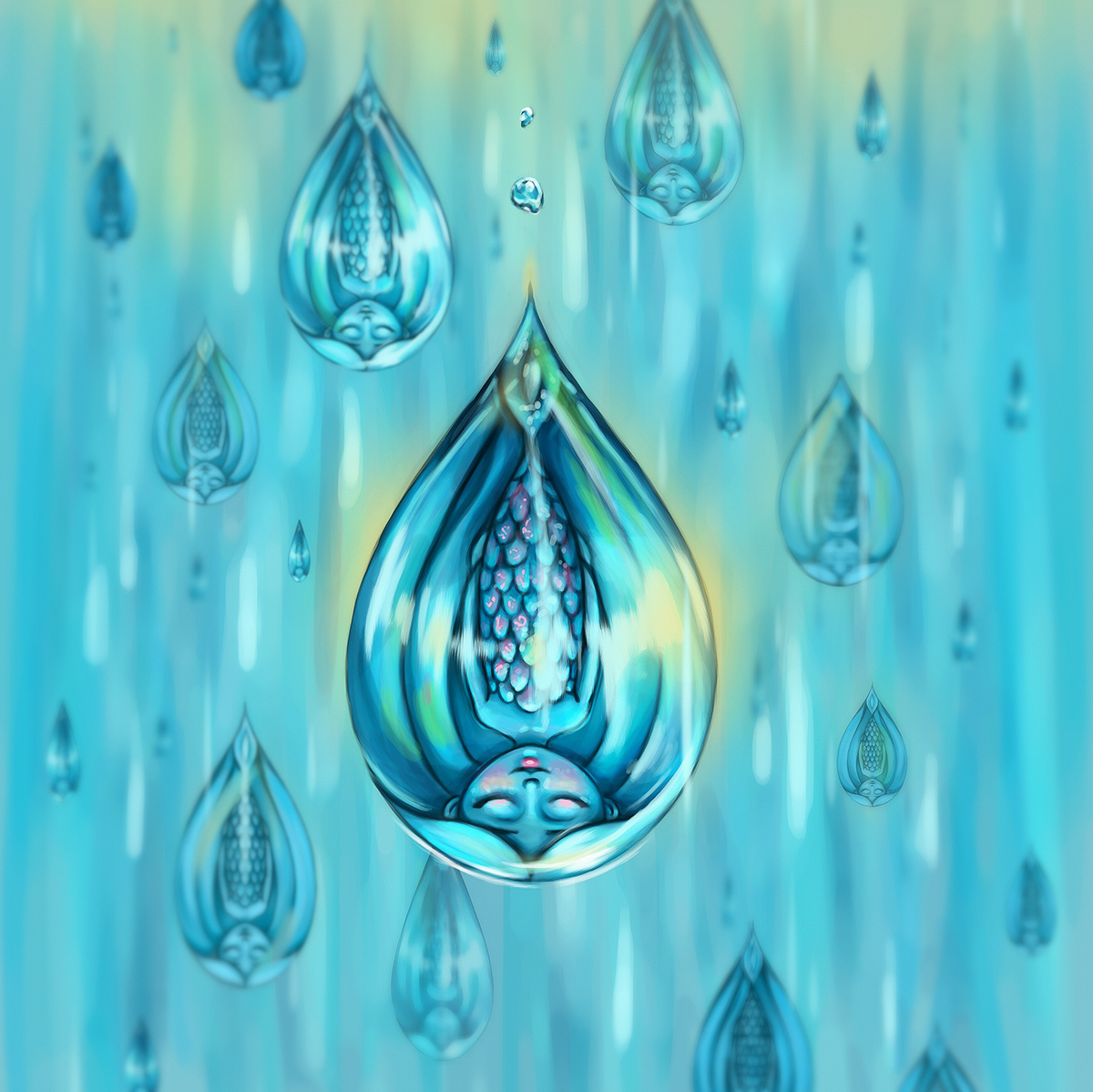 girl illustration digital painting fantasy artwork mermaid rain water blue calmness a drop of water
