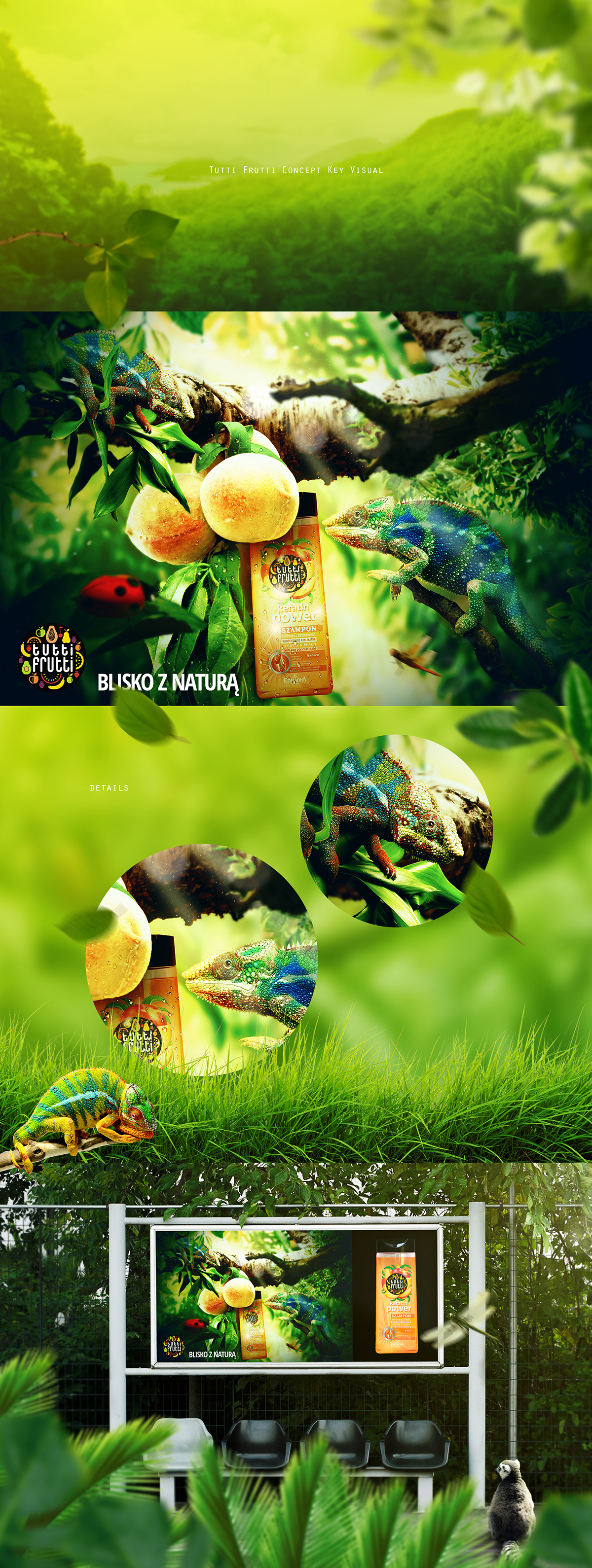 tutti frutti shampoo jungle Tropical fruits cosmetics Nature illustrate retouch chameleon green photo manipulation photomanipulation key visual