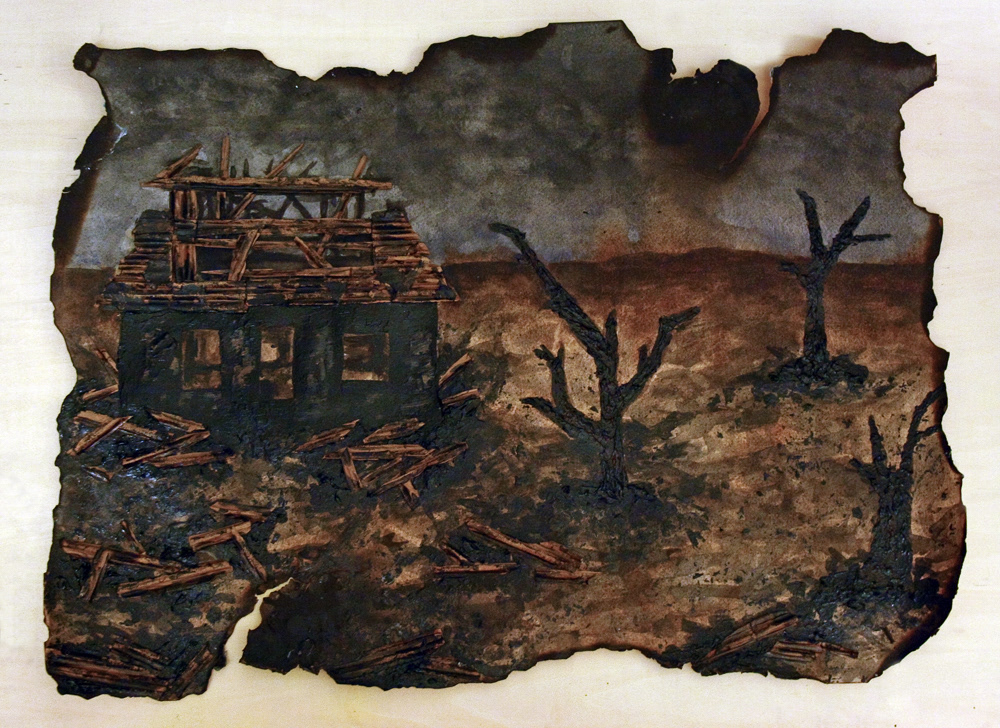 the road Cormac McCarthy mixed media watercolor ashes burned Pumice chalk apocalyptic deserted abandoned Landscape Anselm Kiefer ink modeling paste