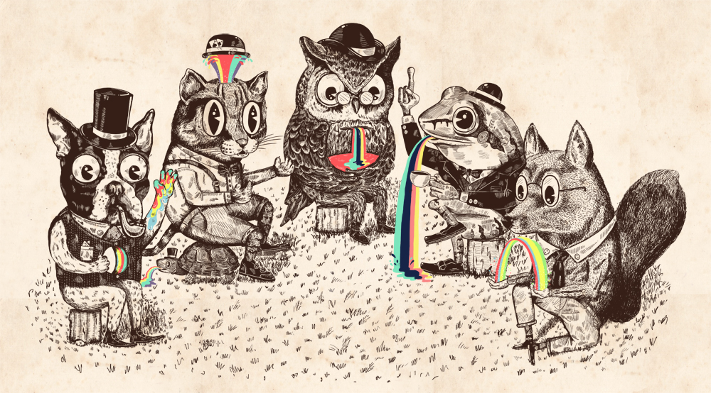 animals fashion well dressed Threadless Cat dog owl FOX engraving colors strange lowbrow