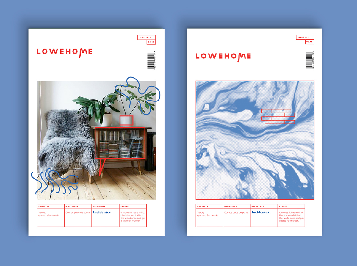 lowe home relajaelcoco Diseño editorial Interiorismo red blue nordic frames grid Layout