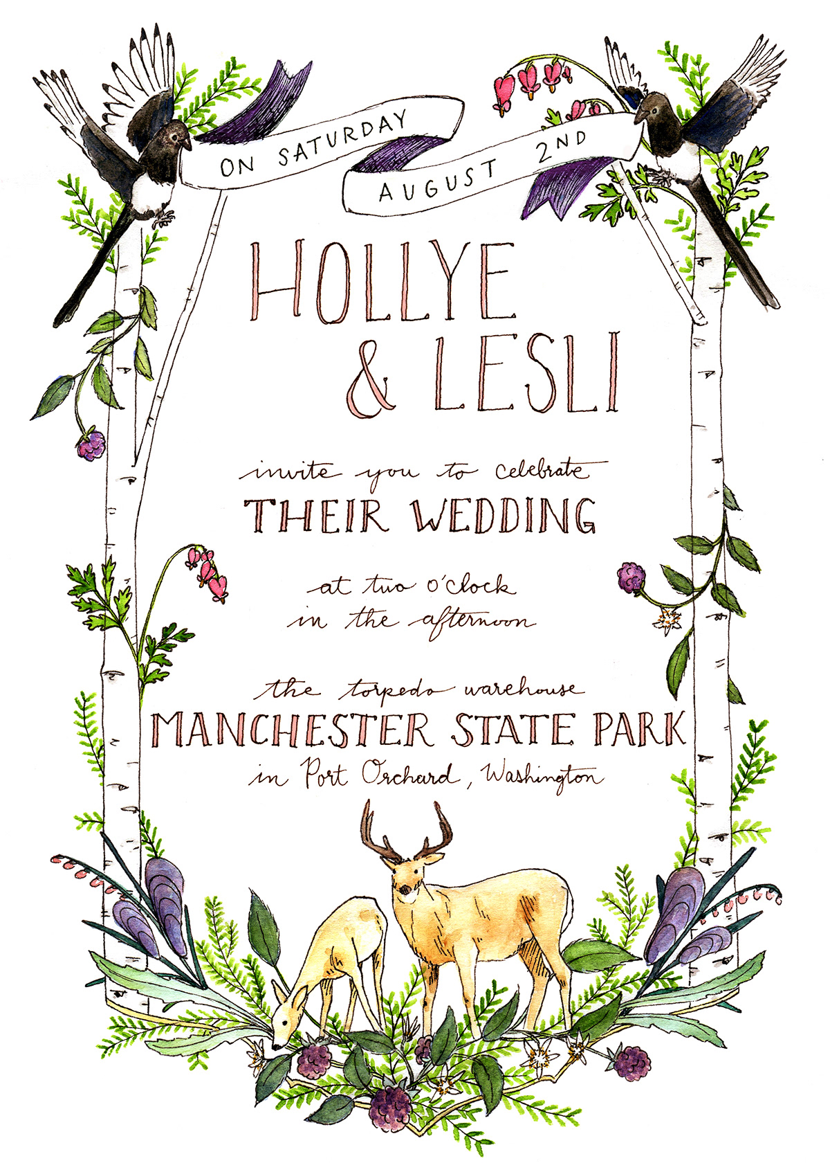 wedding Invitation watercolor hand-lettering lettering forest deer magpie birds floral Northwest oyster fern bleeding-heart