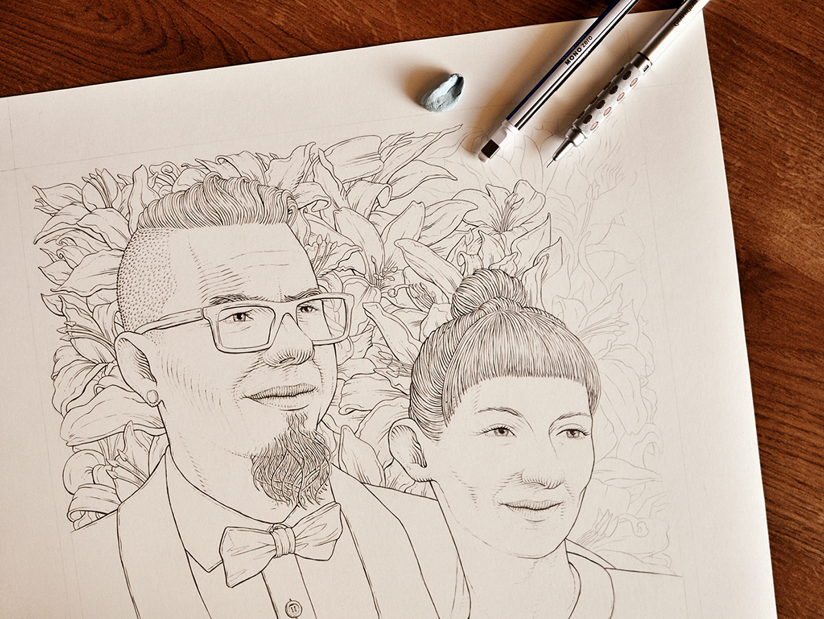 portrait couple  flowers  hair glasses wedding