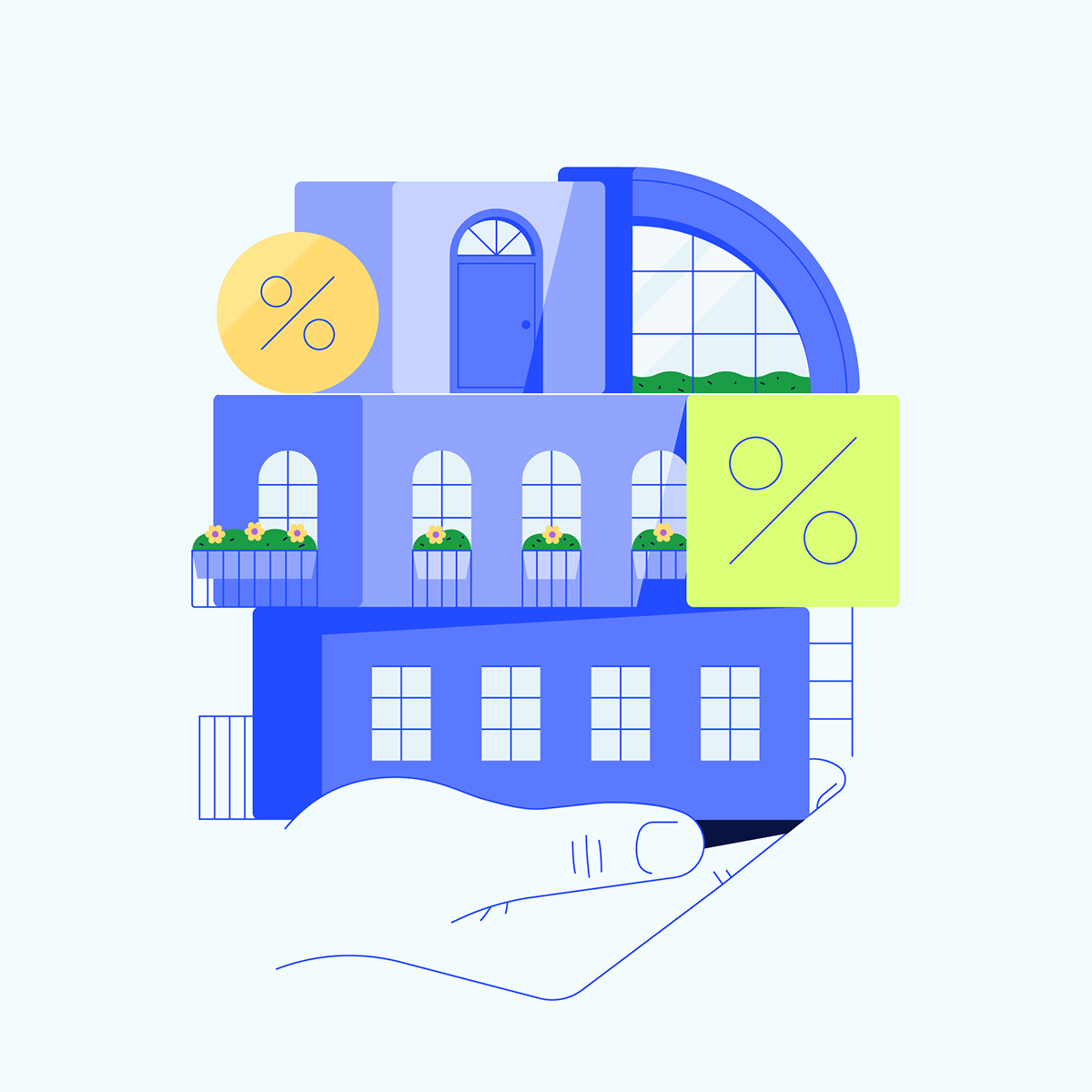 geometric blue modern hand buildings web illustrations real-estate simple finance precise