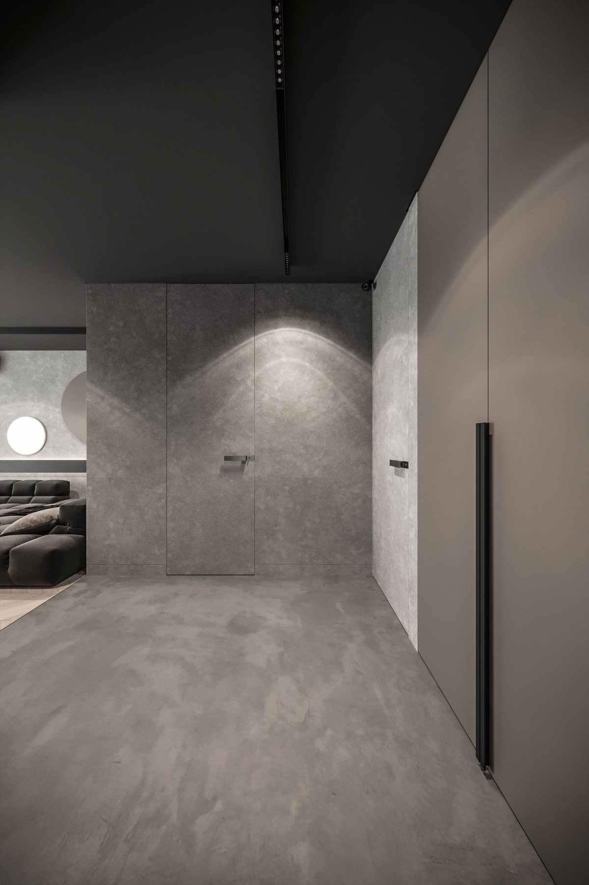 apartment architecture dark Interior kitchen living room luxury minimal modern