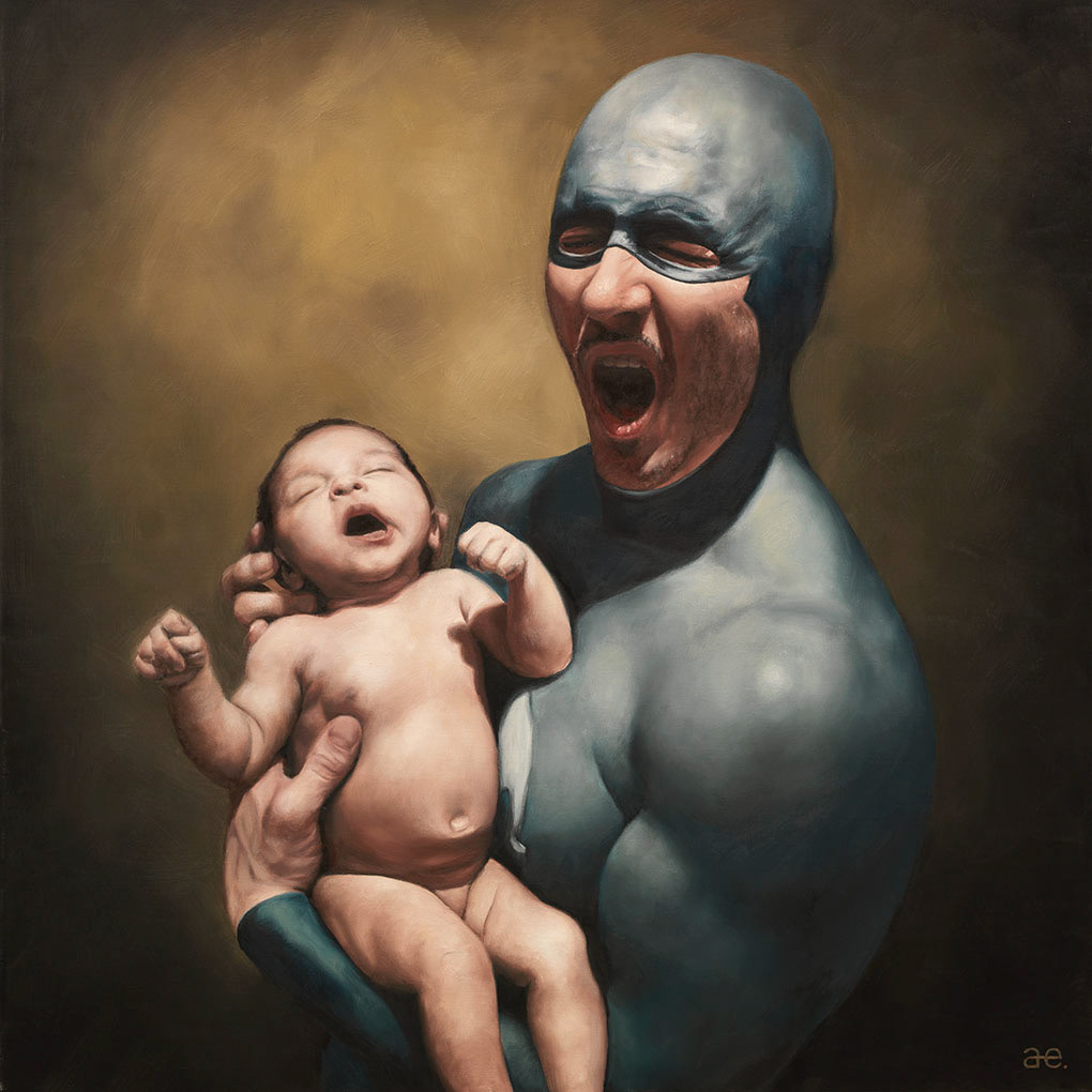 SuperHero oil paintings funny action photorealistic portrait senior contemporary Pop Art