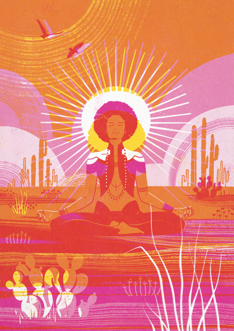 risograph illustration of a woman in yoga position doing sun worship in bright transparent colours