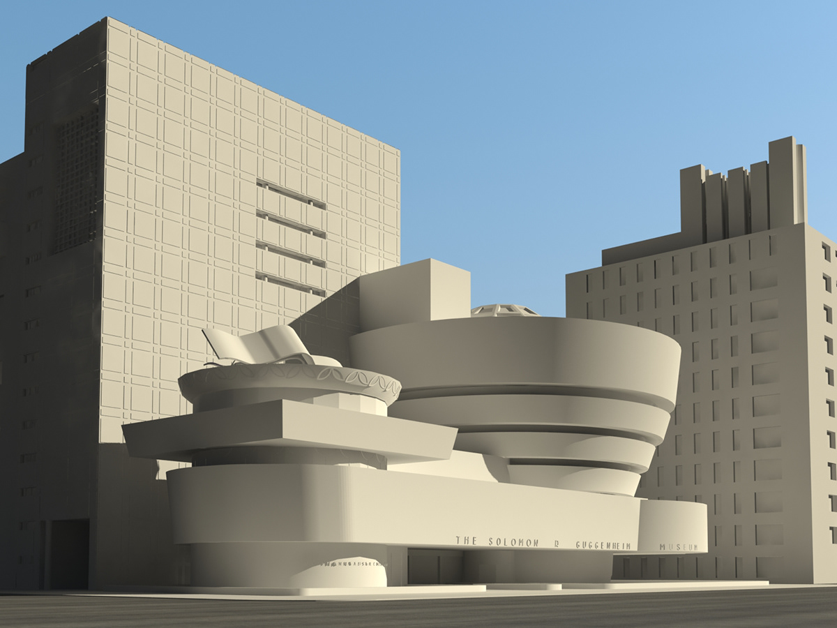 arquitectura postproduccion arte digital Infoarquitectura modelado 3d rendering texturizado Guggenheim NY Frank Lloyd Wright museo