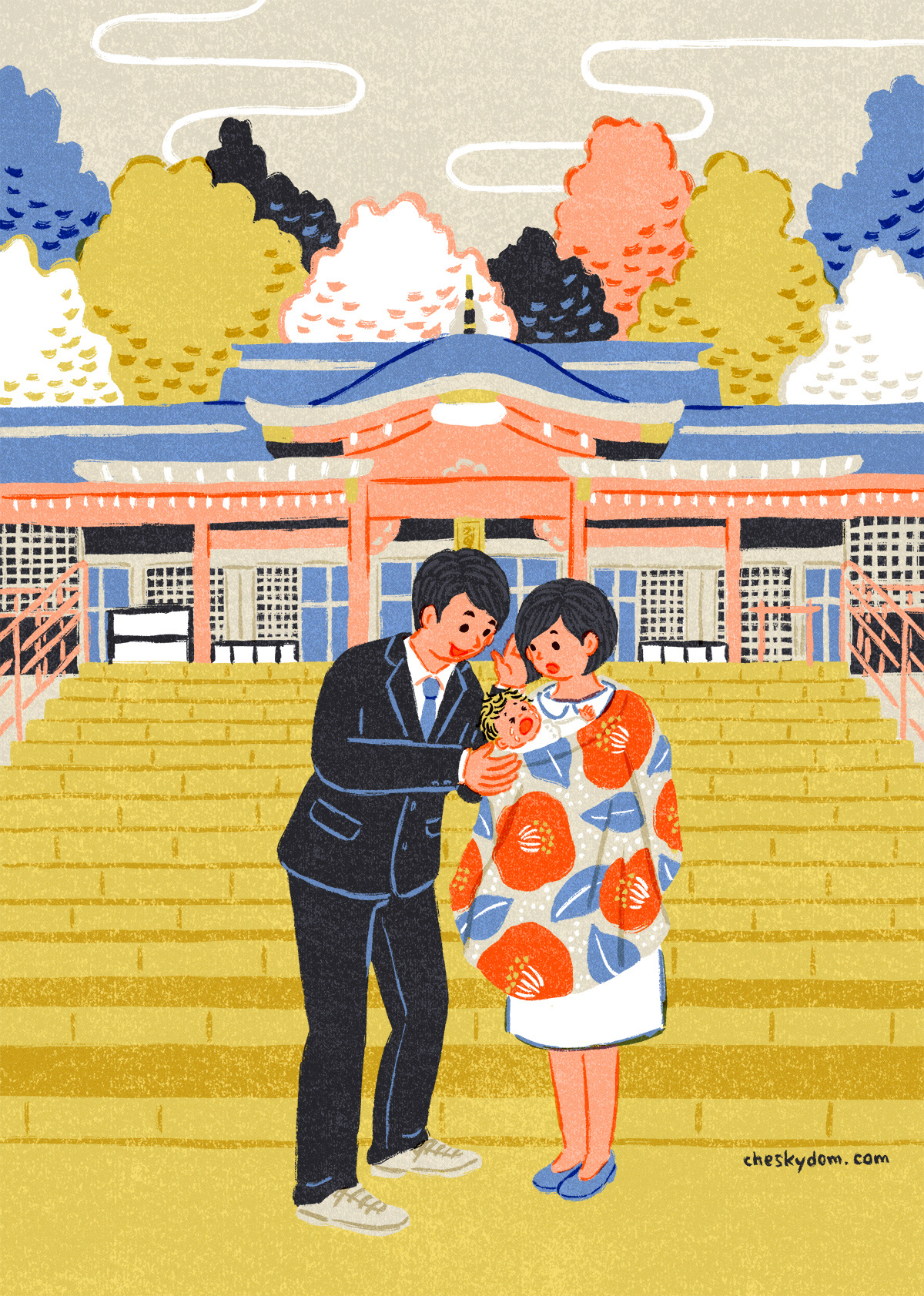 The illustration of a family with a baby at a shrine.