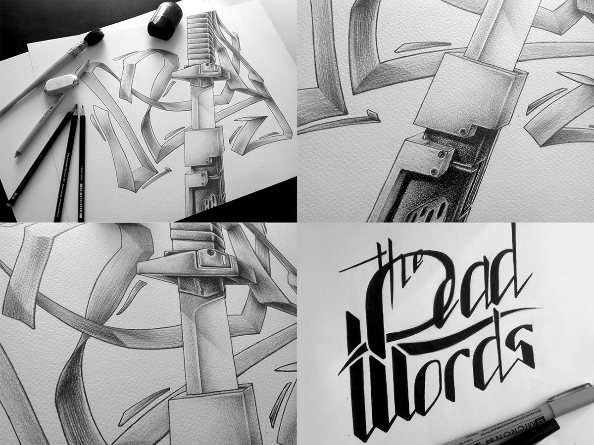 dead words type lettering Custom Blade science-fiction ribbon katana Typeface hand drawn