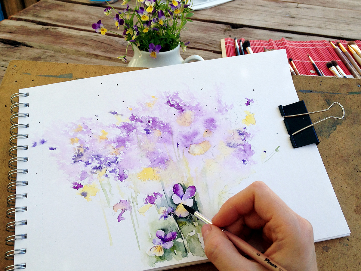 Flowers watercolor design art Viola purple