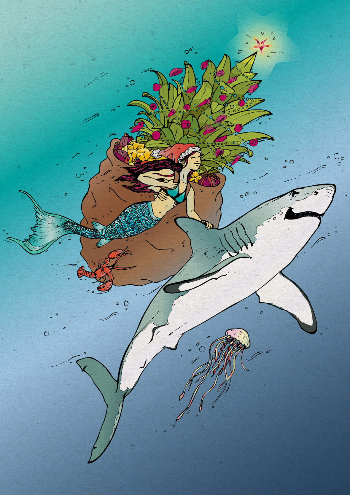 xmas x-mas card poster COLOURING greeting card mermaid shark underwater diving Pineapple Santa Claus Ocean sea freebie