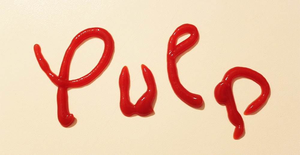 pulp ketchup movie design Gun yellow red handmade logo typo pulp fiction Tarantino Project joke blood