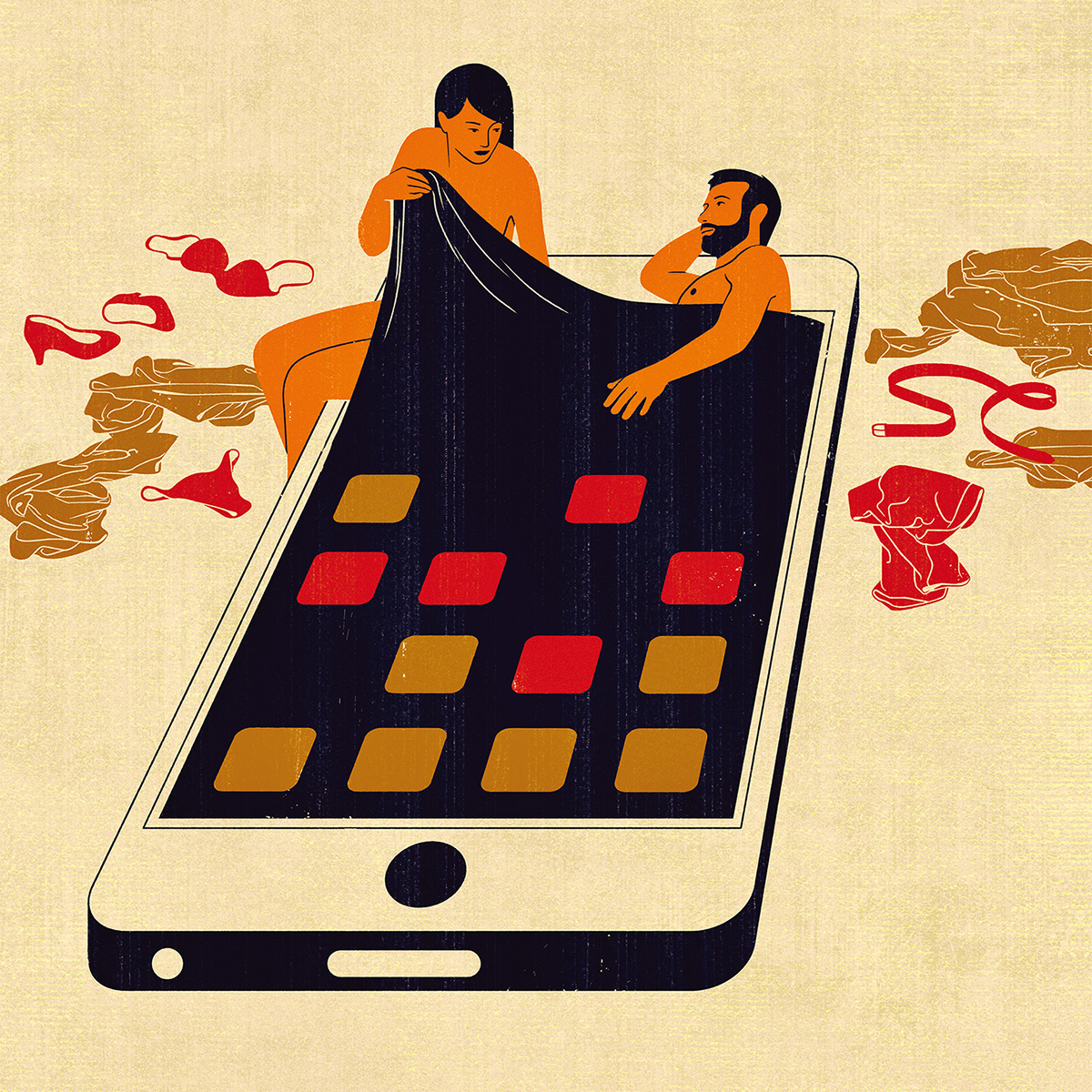 Conceptual illustration of a couple going to bed shaped like a phone