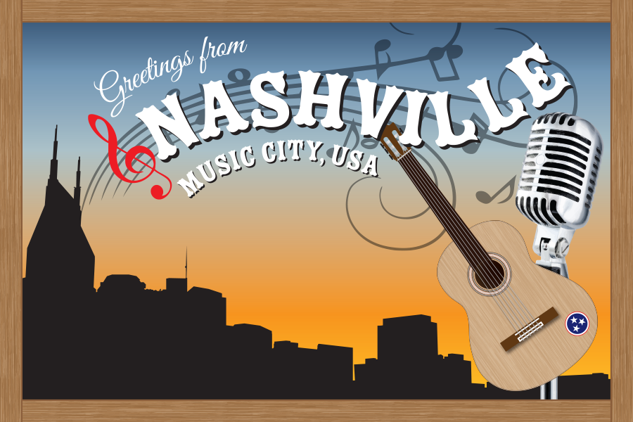 Nashville Music City USA postcard guitar skyline Nashville Skyline microphone