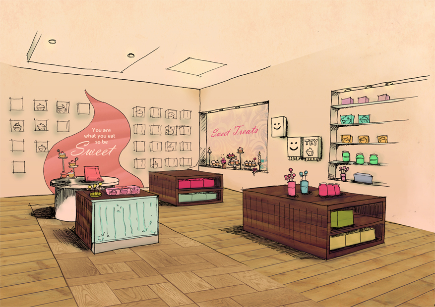 cupcake shop design sketch Interior sugar DELIGHT smile senses smell taste water store boutique